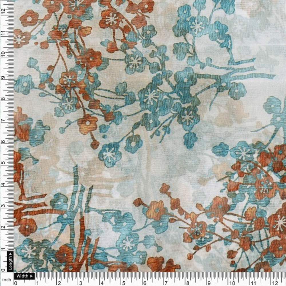 Vintage Blossom Teal & Rust Printed Organza Fabric