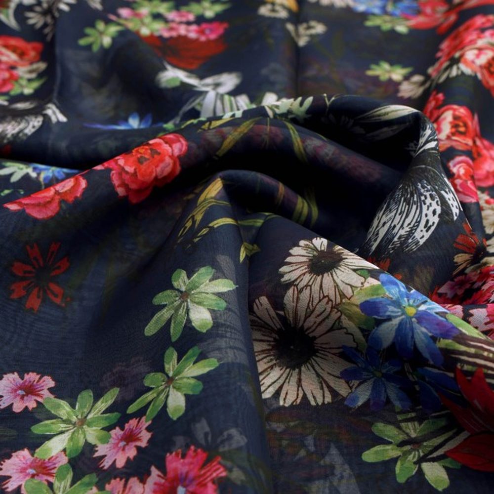 Vibrant Floral Garden on Navy Blue Sheer Organza Fabric