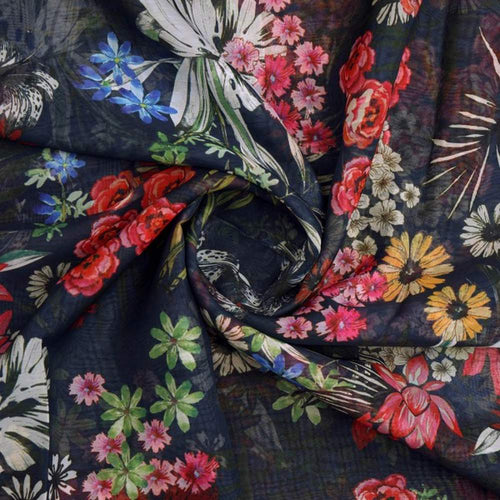 Vibrant Floral Garden on Navy Blue Sheer Organza Fabric – or 0 ta0772 110 2