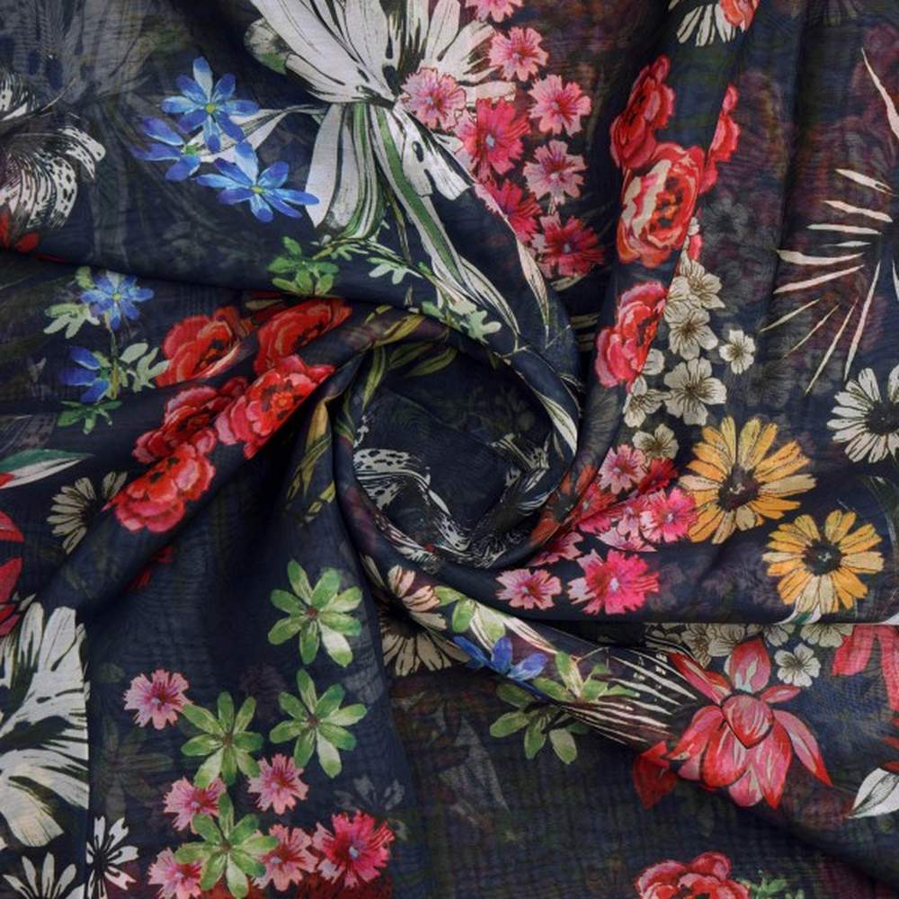 Vibrant Floral Garden on Navy Blue Sheer Organza Fabric