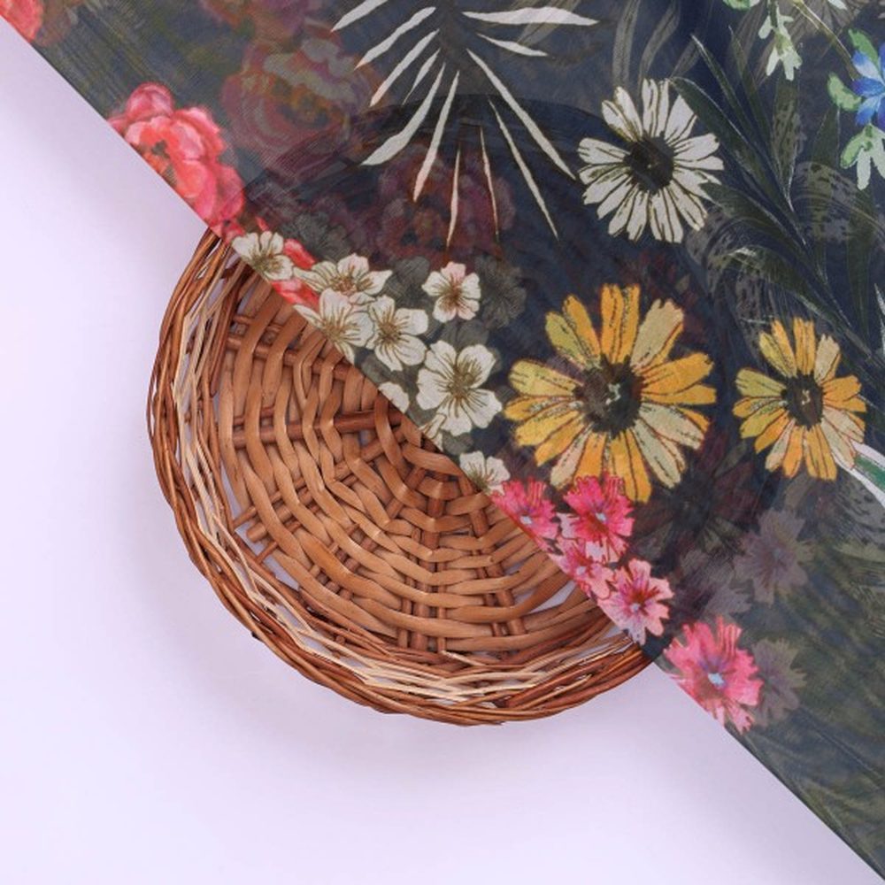 Vibrant Floral Garden on Navy Blue Sheer Organza Fabric