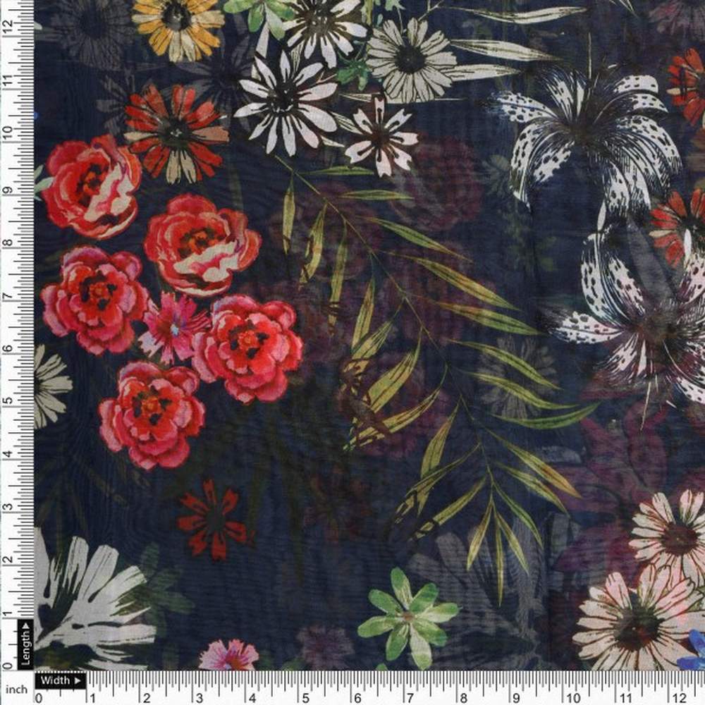 Vibrant Floral Garden on Navy Blue Sheer Organza Fabric