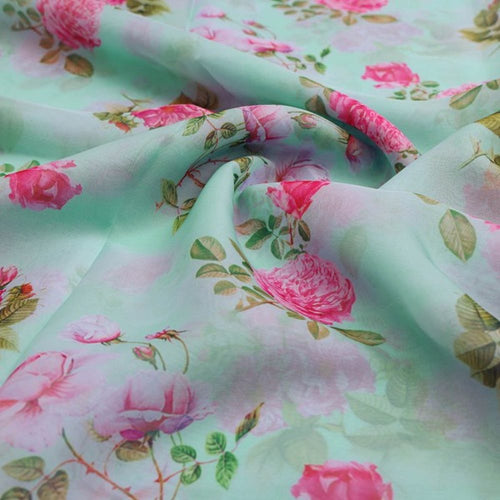 Sea Green & Pink English Rose Floral Organza Fabric – or 0 ta07757 110 1