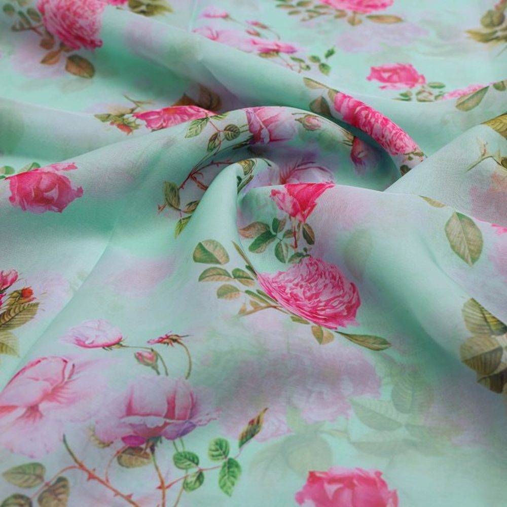 Sea Green & Pink English Rose Floral Organza Fabric – or 0 ta07757 110 1