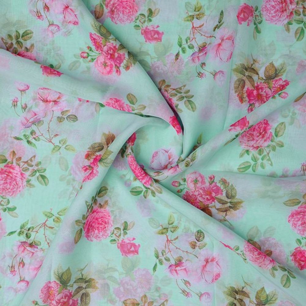 Sea Green & Pink English Rose Floral Organza Fabric – or 0 ta07757 110 2