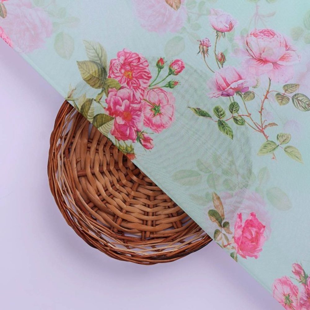 Sea Green & Pink English Rose Floral Organza Fabric – or 0 ta07757 110 3