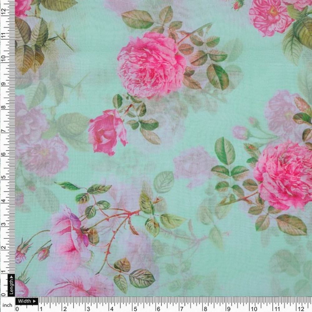 Sea Green & Pink English Rose Floral Organza Fabric – or 0 ta07757 110 4