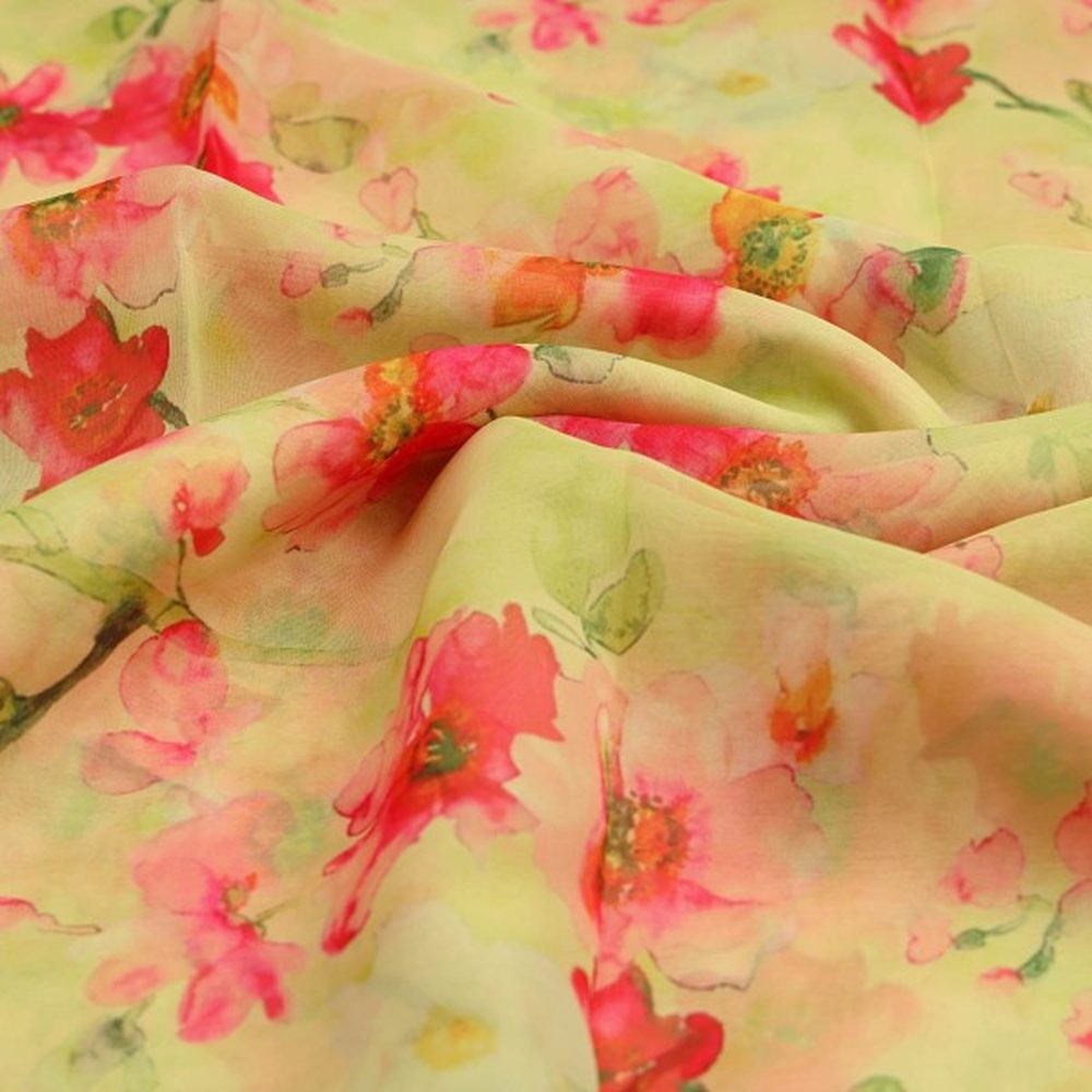 Watercolour Floral Bloom on Lime Green Organza Fabric – or 0 ta08279 110 1