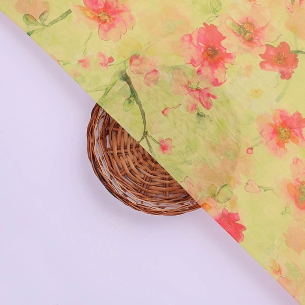 Watercolour Floral Bloom on Lime Green Organza Fabric – or 0 ta08279 110 3