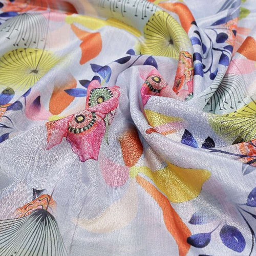 Artistic Floral and Leaf Print on Light Blue Chinon Fabric