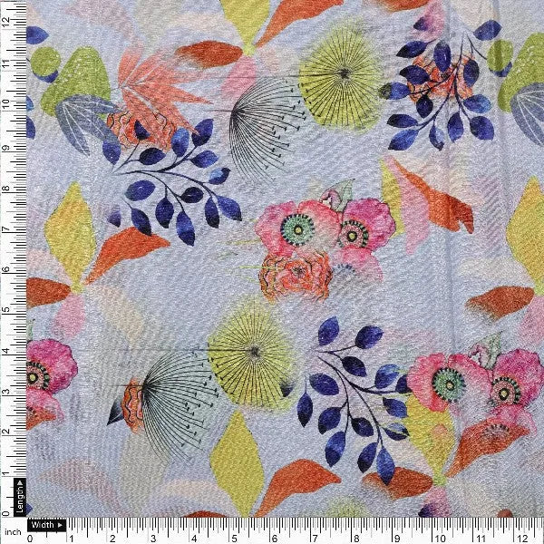 Artistic Floral and Leaf Print on Light Blue Chinon Fabric – plch 0 pa7202 108 4