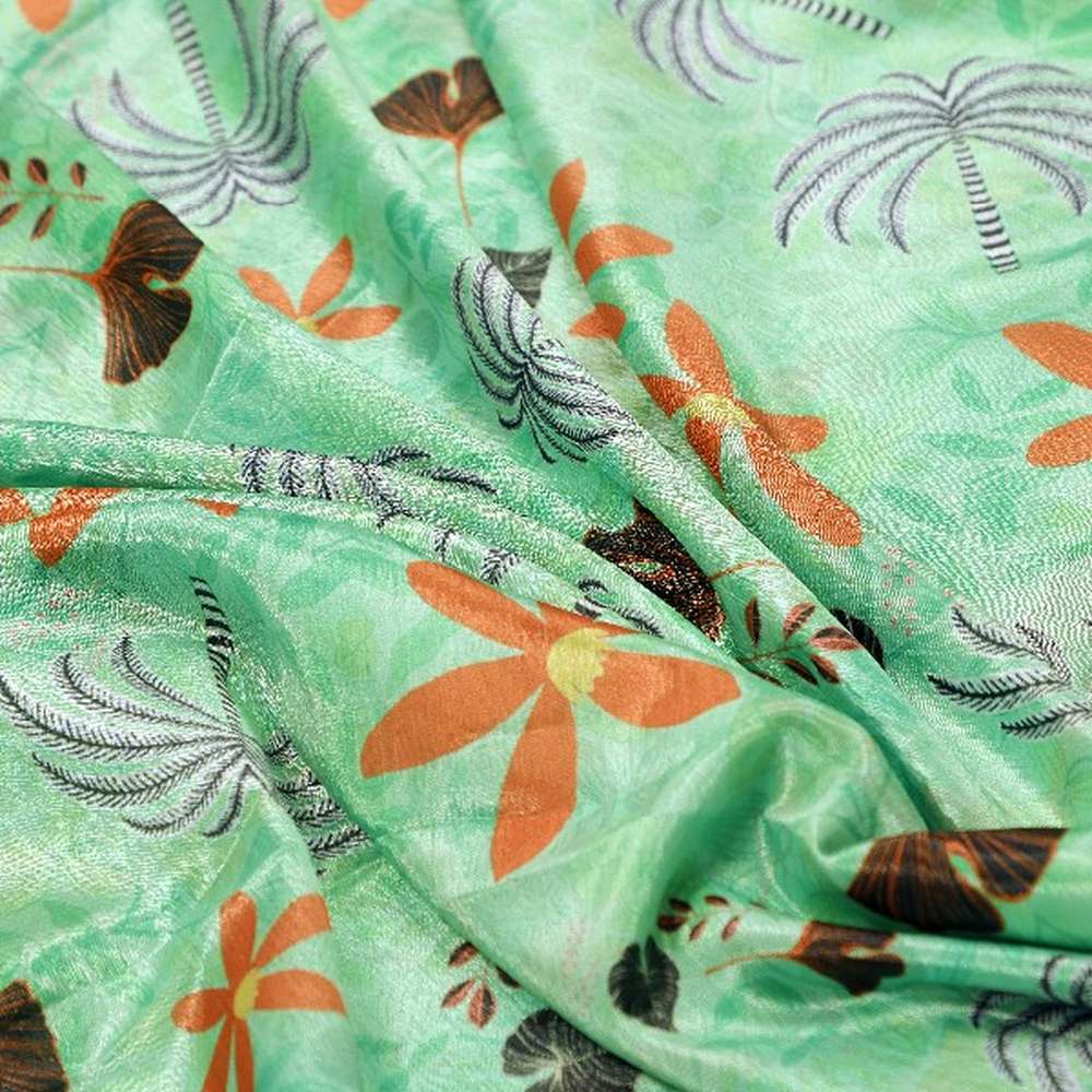 Sea Green & Orange Tropical Floral Print Chinon Fabric – plch 0 pa7226 108 1
