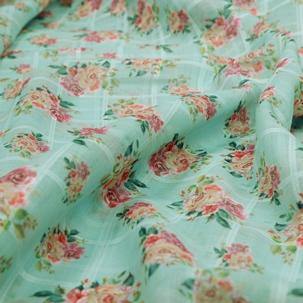 Mint Green Floral Printed Linen Fabric – poli ch ma028053 110 1