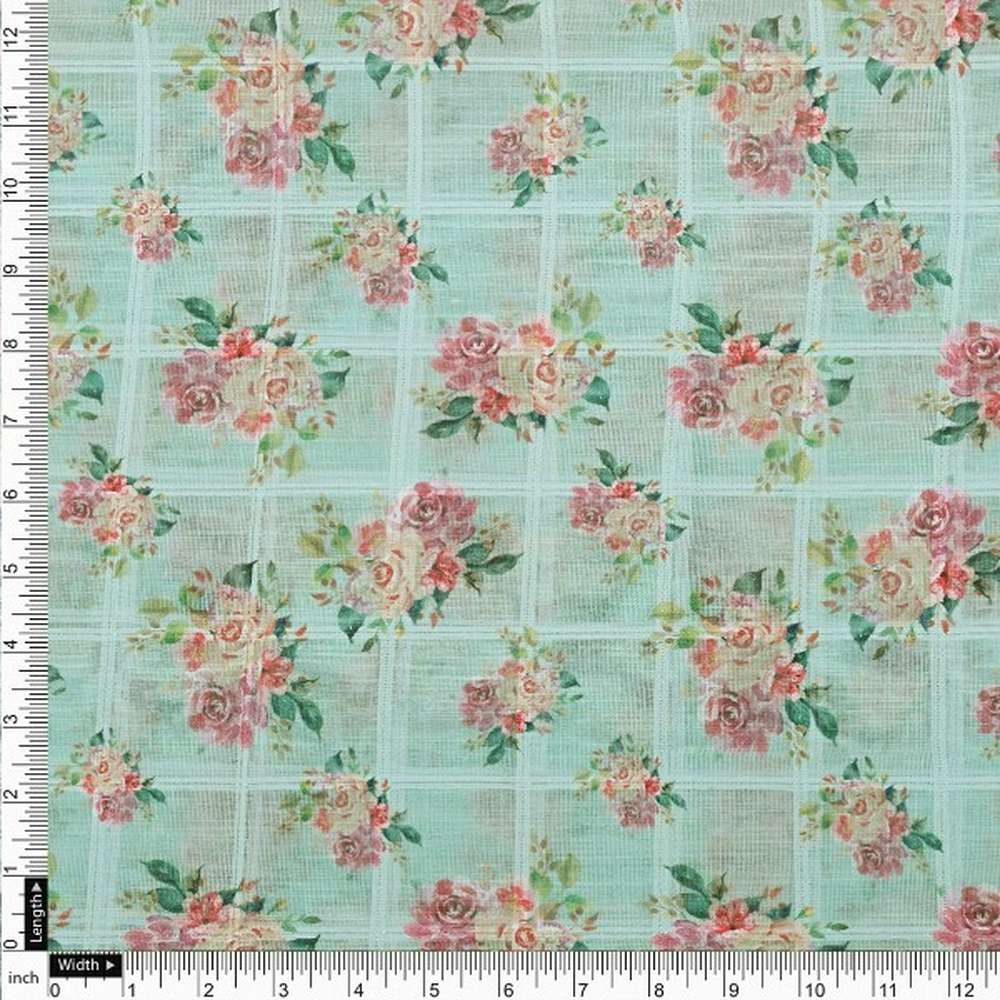 Mint Green Floral Printed Linen Fabric – poli ch ma028053 110 4