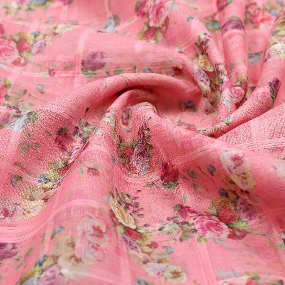 Pink Floral Grid Printed Linen Fabric – poli ch ma0280550 110 1