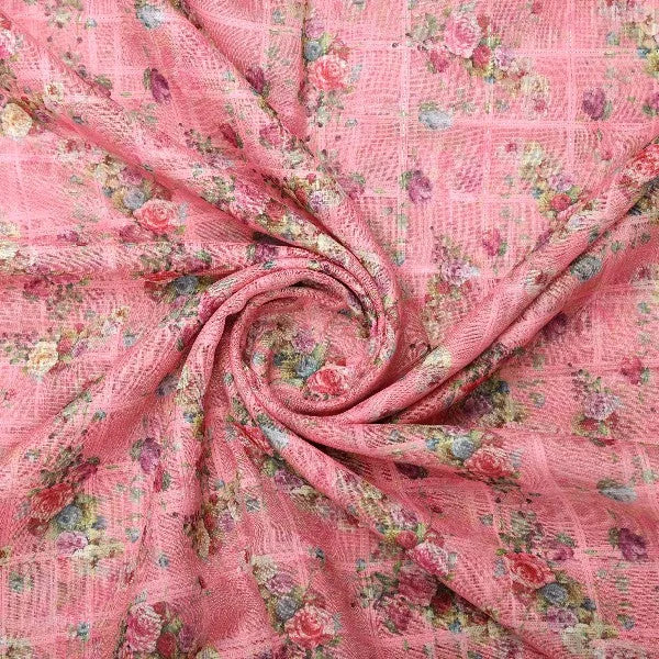 Pink Floral Grid Printed Linen Fabric – poli ch ma0280550 110 2 - alternate view