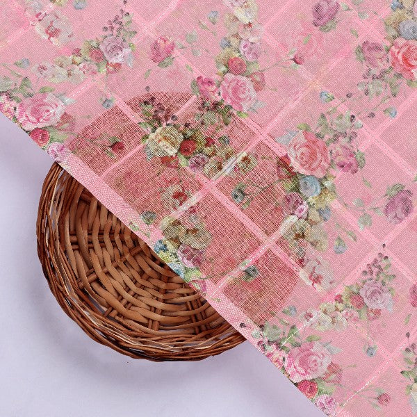 Pink Floral Grid Printed Linen Fabric – poli ch ma0280550 110 3