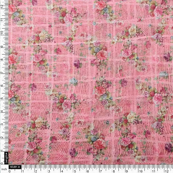 Pink Floral Grid Printed Linen Fabric – poli ch ma0280550 110 4