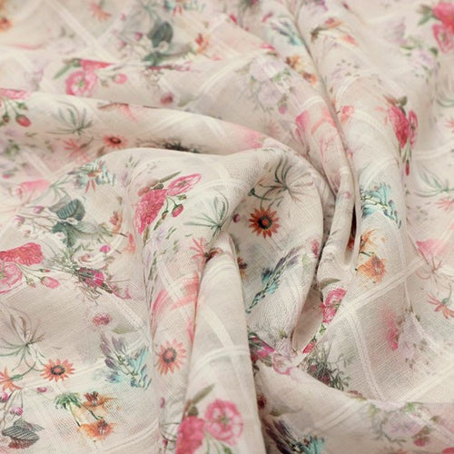 Cream Floral Grid Linen Look Fabric – poli ch ma028067 110 1