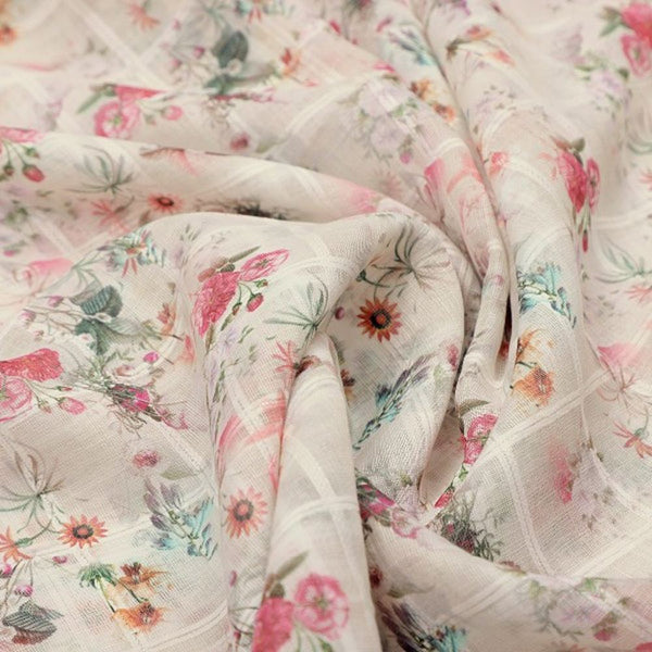 Cream Floral Grid Linen Look Fabric – poli ch ma028067 110 1