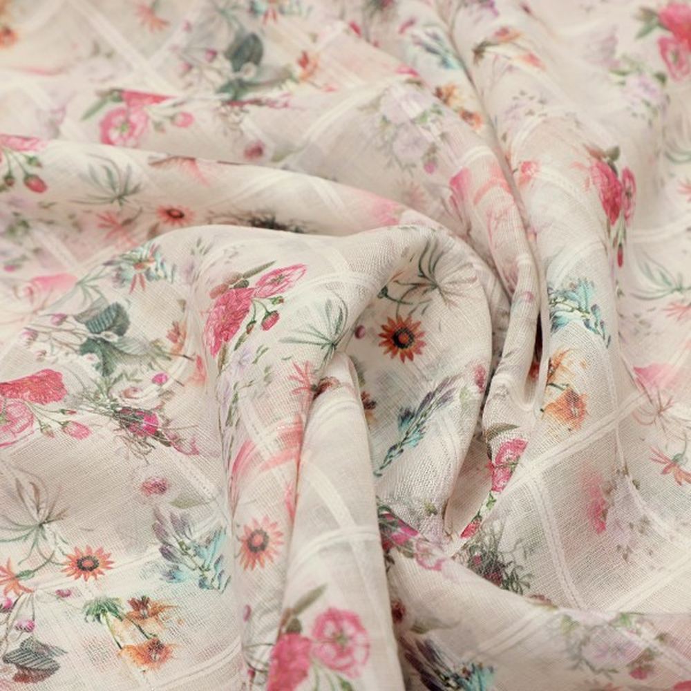 Cream Floral Grid Linen Look Fabric – poli ch ma028067 110 1