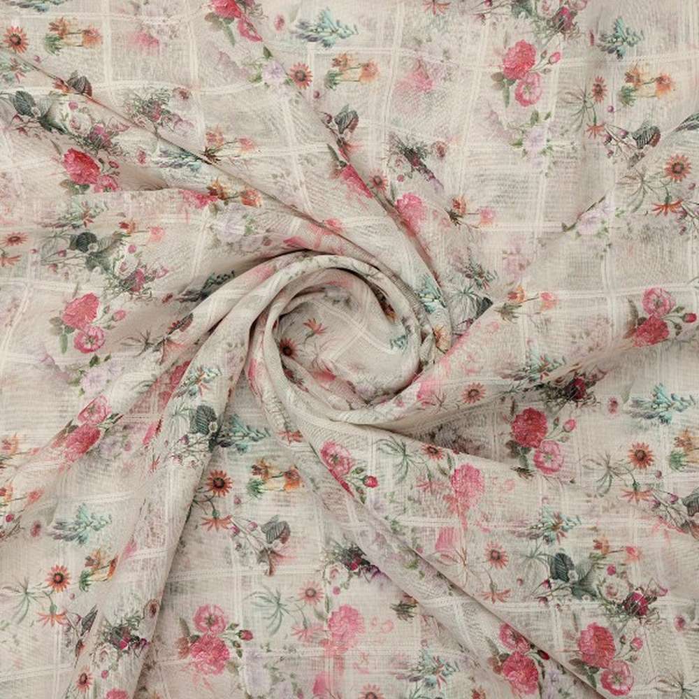 Cream Floral Grid Linen Look Fabric – poli ch ma028067 110 2