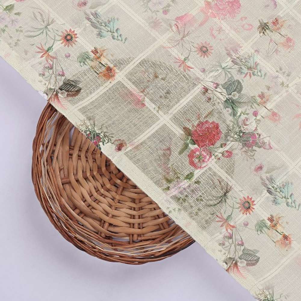 Cream Floral Grid Linen Look Fabric – poli ch ma028067 110 3