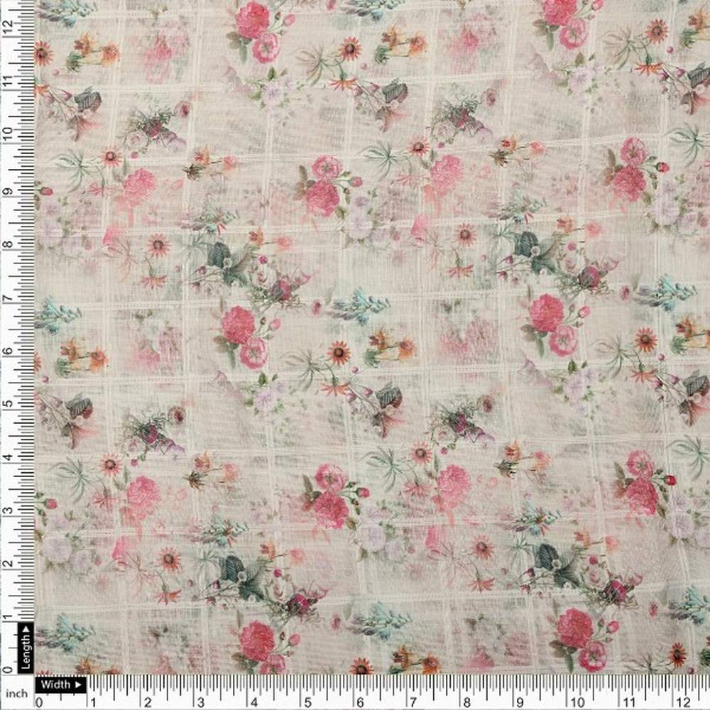 Cream Floral Grid Linen Look Fabric – poli ch ma028067 110 4