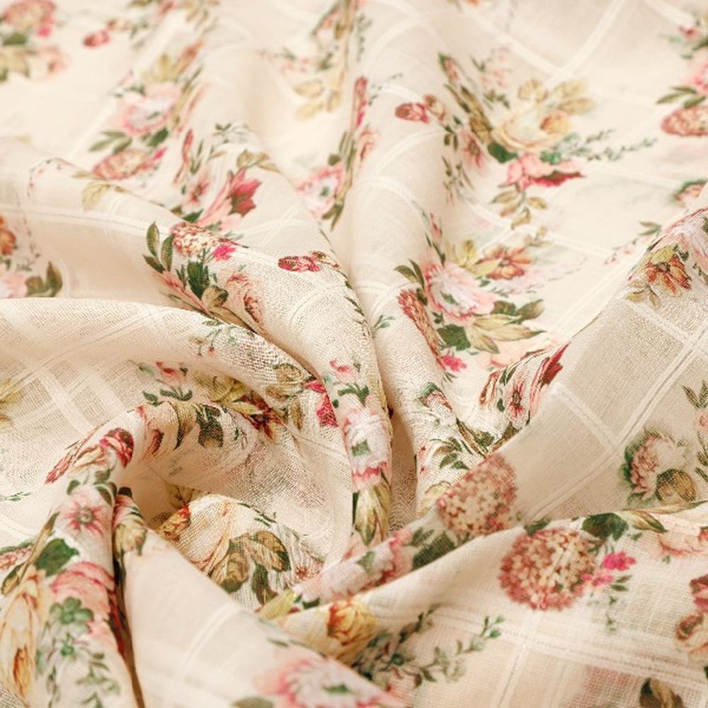 Beige Floral Grid Linen Fabric – poli ch ma028069 110 1