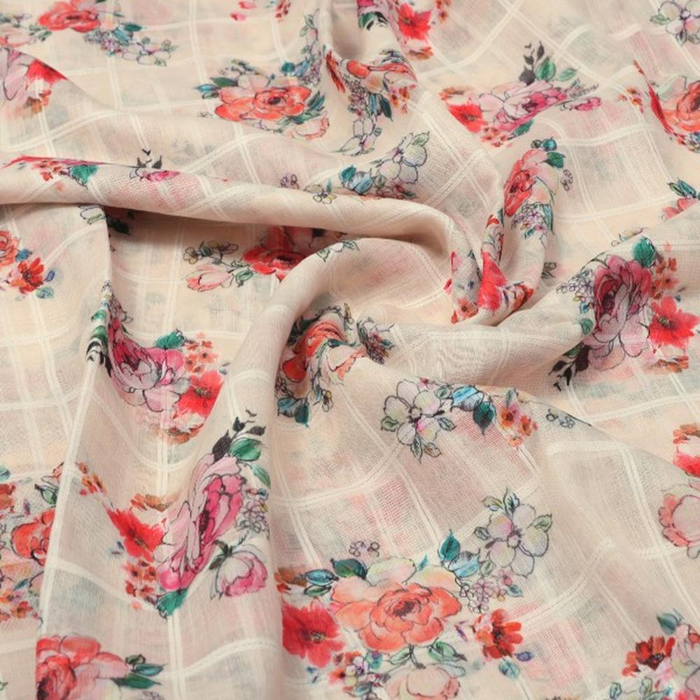 Cream Floral Grid Printed Linen Fabric – poli ch ta08708 110 1