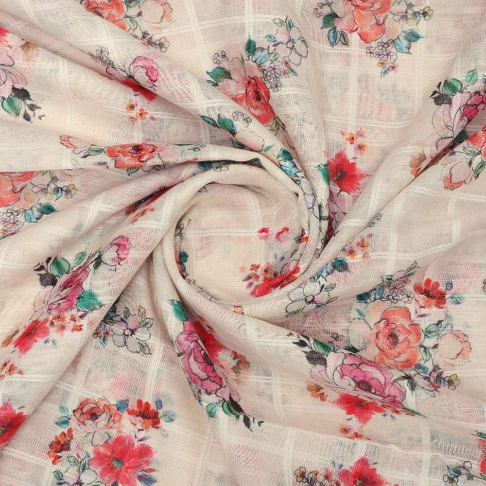 Cream Floral Grid Printed Linen Fabric – poli ch ta08708 110 2