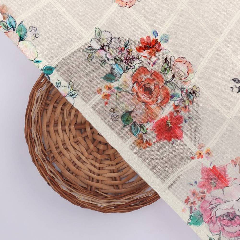 Cream Floral Grid Printed Linen Fabric – poli ch ta08708 110 3