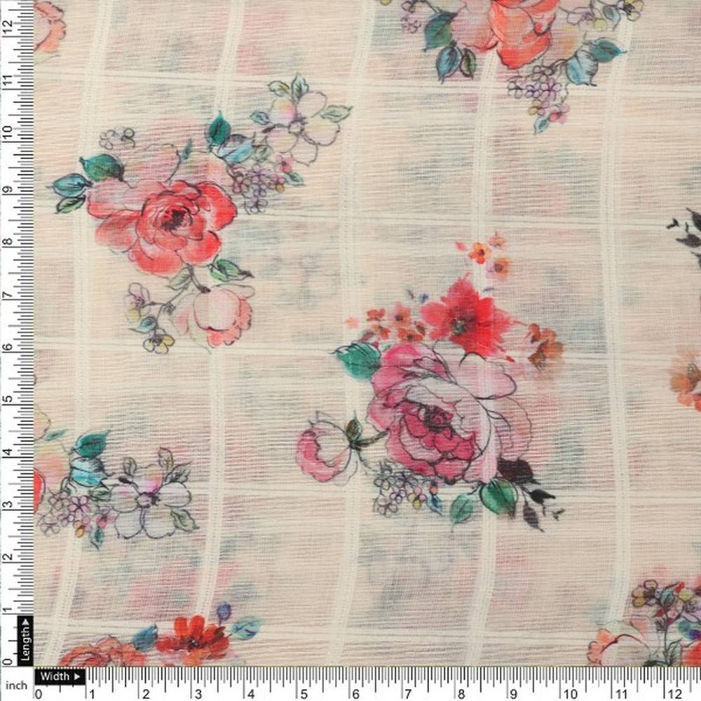 Cream Floral Grid Printed Linen Fabric – poli ch ta08708 110 4