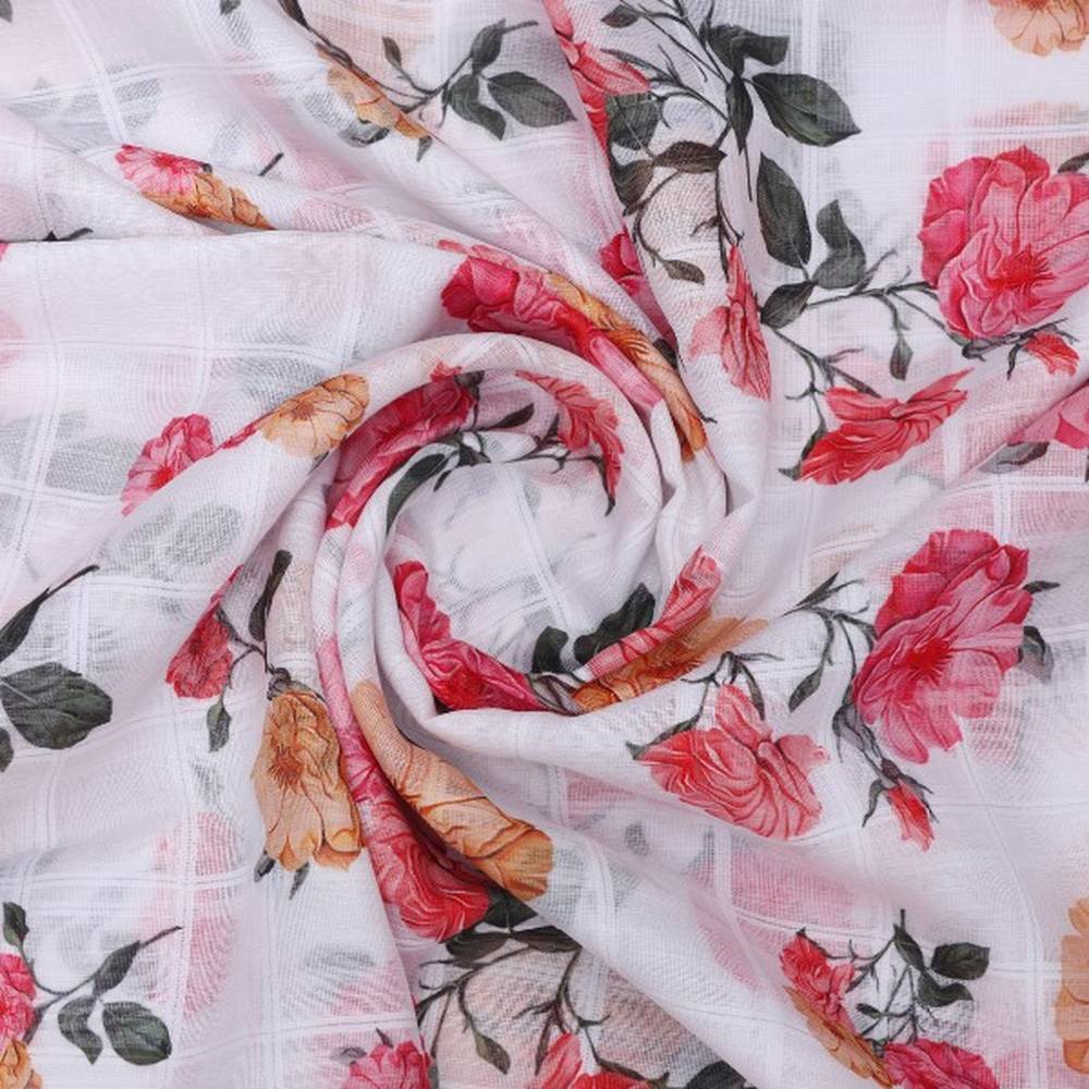 White Linen with Pink Rose Floral Print – poli ch ta08907 110 2