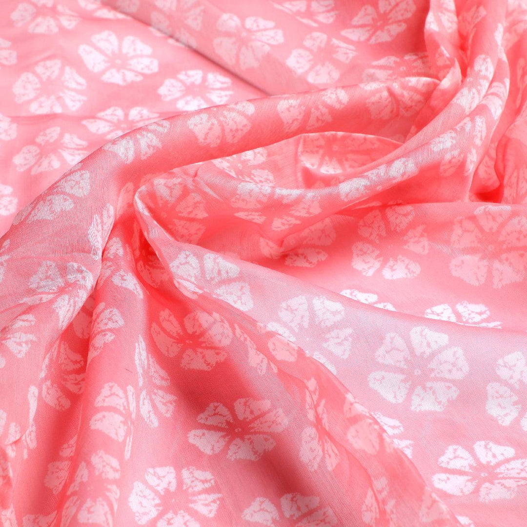 Chanderi Fabric with Pink Floral and Butti Pattern - FAB VOGUE Studio®
