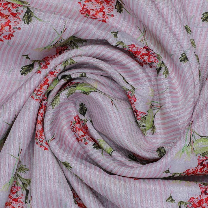 Pink Flower Pack With Stripes Digital Printed Fabric - Crepe - FAB VOGUE Studio®