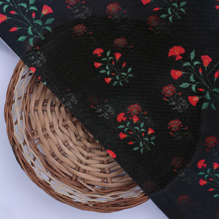 Red Flower over Black Base Digital Printed Fabric - FAB VOGUE Studio®