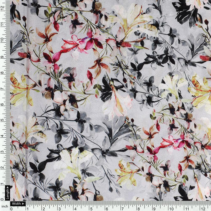 Calico Flower Yellow And Purple Floral Digital Printed Fabric - Silk Crepe - FAB VOGUE Studio®