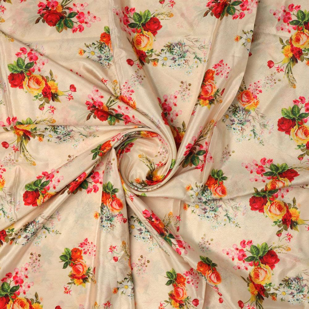 Multicolour Red And Yellow Roses Digital Printed Fabric - Silk Crepe - FAB VOGUE Studio®