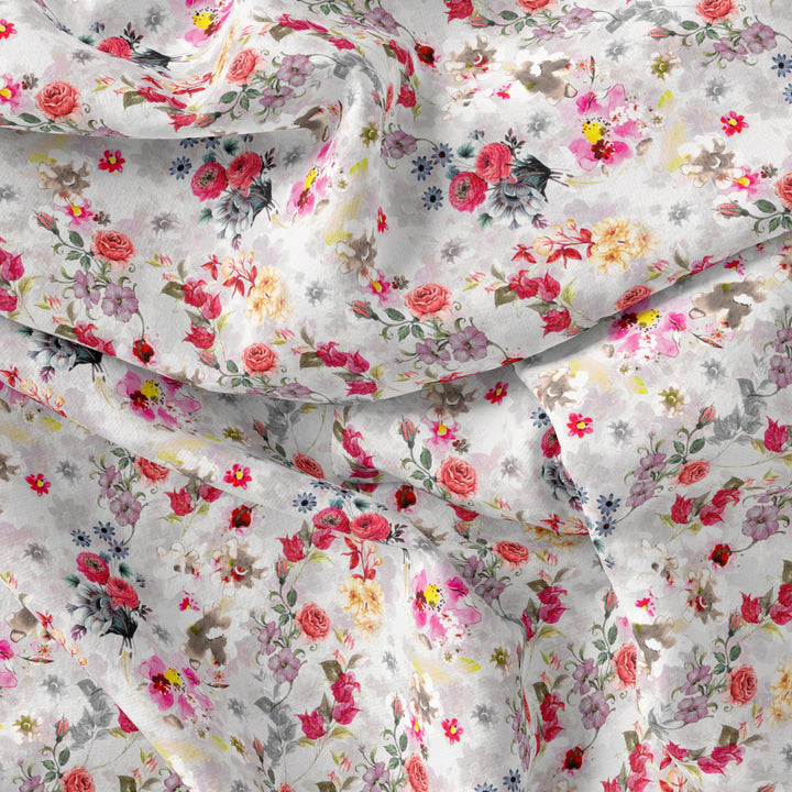 Beautifull Red And Pink Camellia Rose Of Branch Digital Printed Fabric - Silk Crepe - FAB VOGUE Studio®