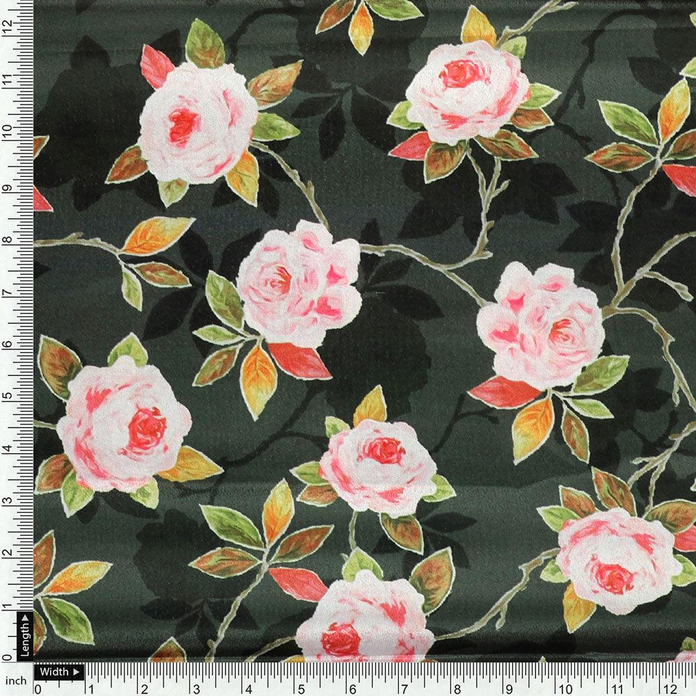 Ditsy Pink Rose With Green Leaves Digital Printed Fabric - Crepe - FAB VOGUE Studio®