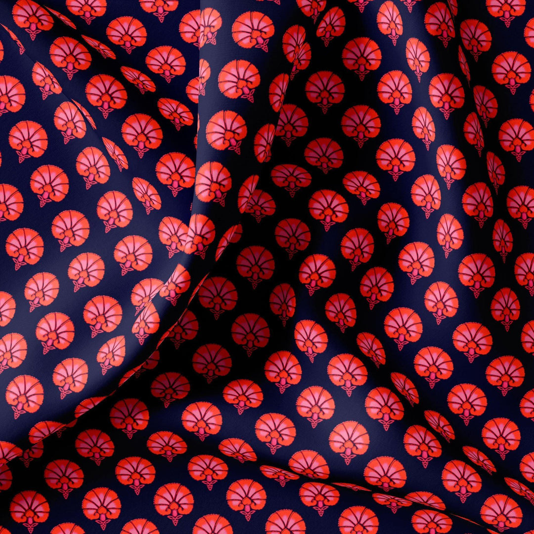 Beautiful Red Floral Over Dark Blue Base Printed Fabric - FAB VOGUE Studio®