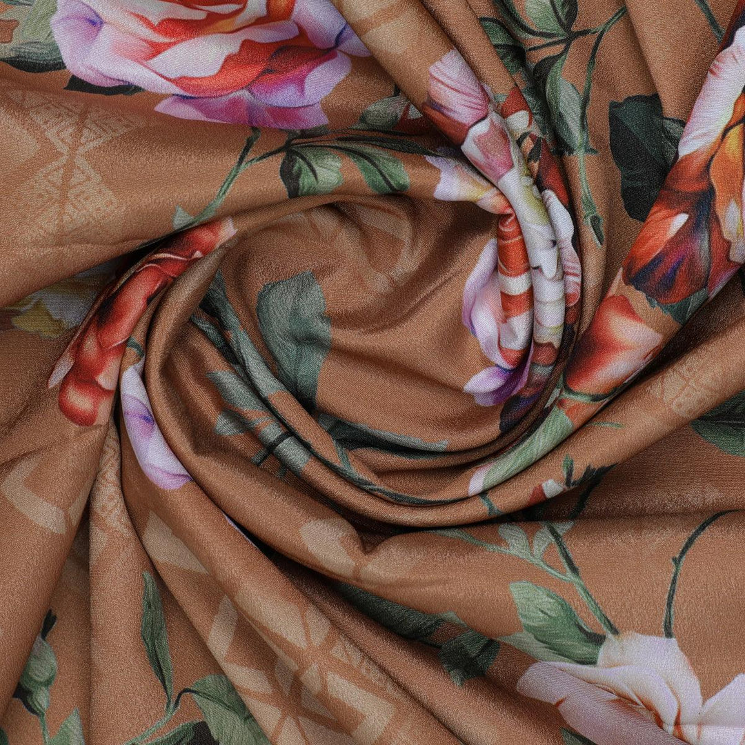 Oil Painted Flowers On Brown Digital Printed Fabric - Crepe - FAB VOGUE Studio®