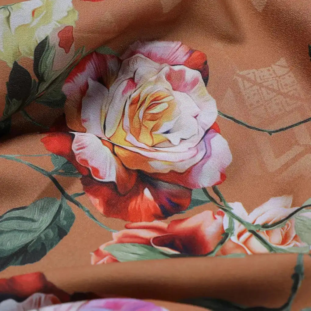 Oil Painted Flowers On Brown Digital Printed Fabric - Crepe – cr 0 ta05665p2 110 oil painted flowers on brown digital printed fabric crepe 3