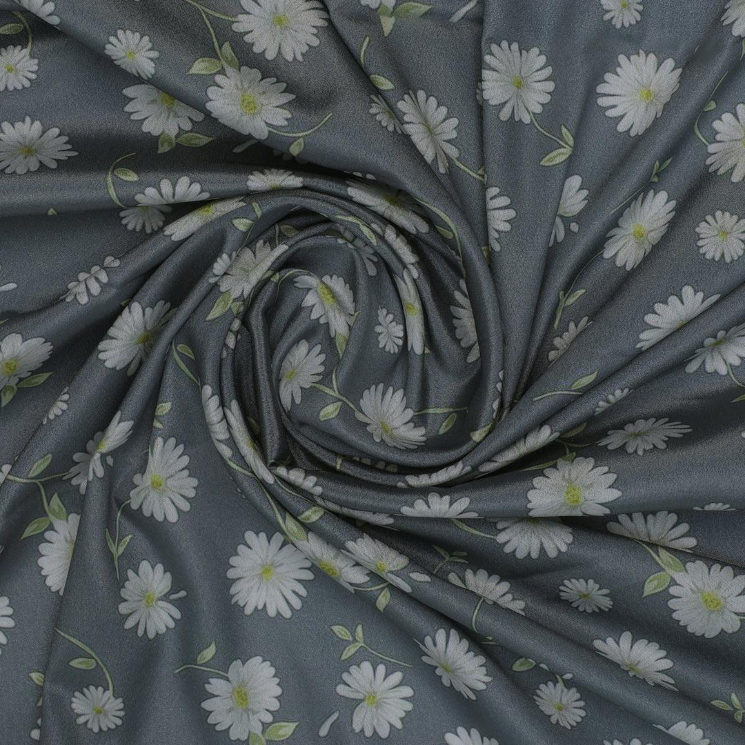 White Aster With Gray Background Digital Printed Fabric - Silk Crepe - FAB VOGUE Studio®