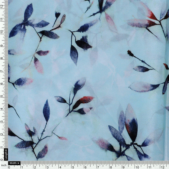 Bluish Thin And Light Leaves Digital Printed Fabric - Crepe - FAB VOGUE Studio®