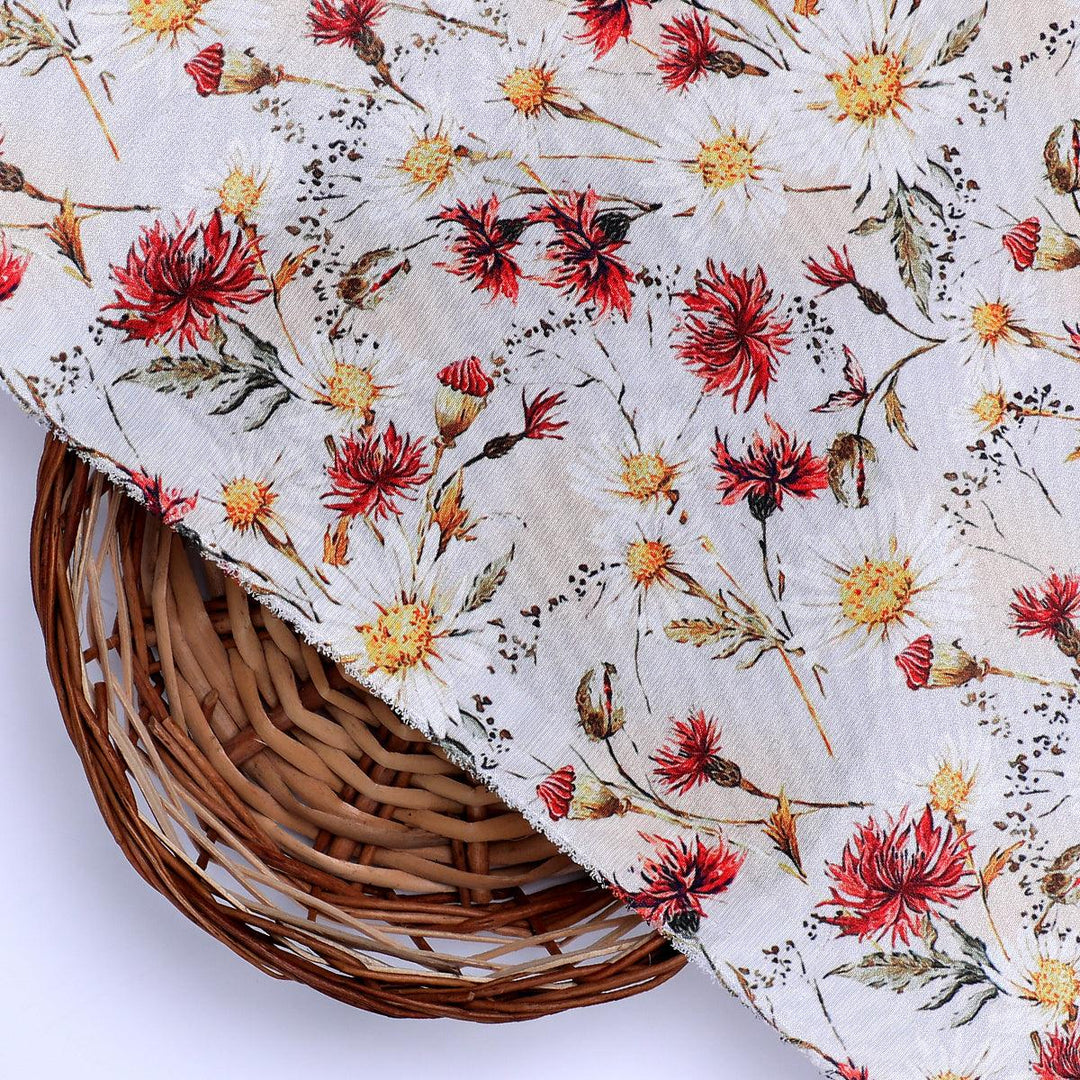 Daisy Branch Of White Flower Digital Printed Fabric - Silk Crepe - FAB VOGUE Studio®