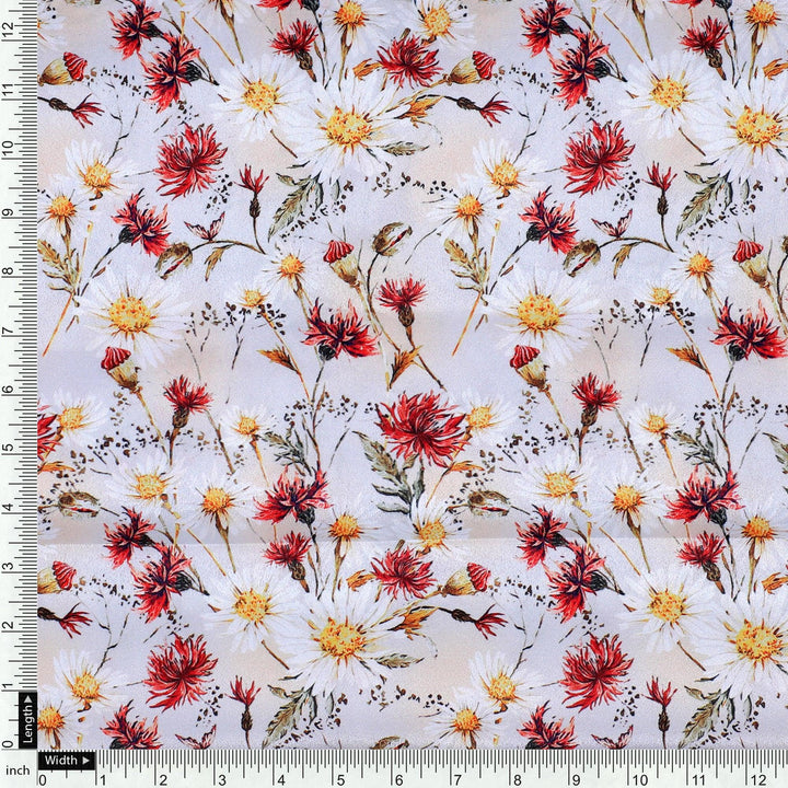 Daisy Branch Of White Flower Digital Printed Fabric - Silk Crepe - FAB VOGUE Studio®
