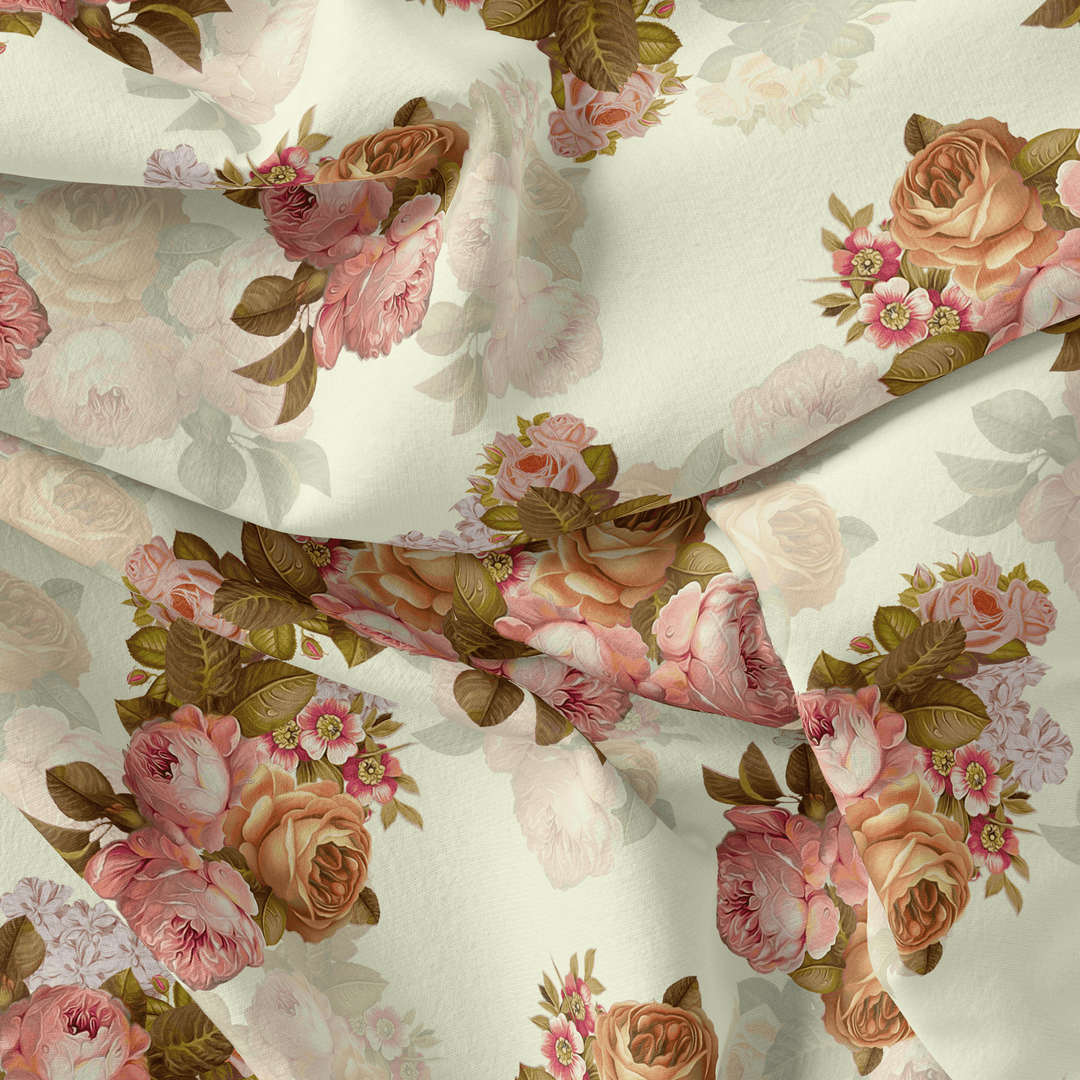 Beautiful Floral Golden Roses With Shiny Digital Printed Fabric - Silk Crepe - FAB VOGUE Studio®
