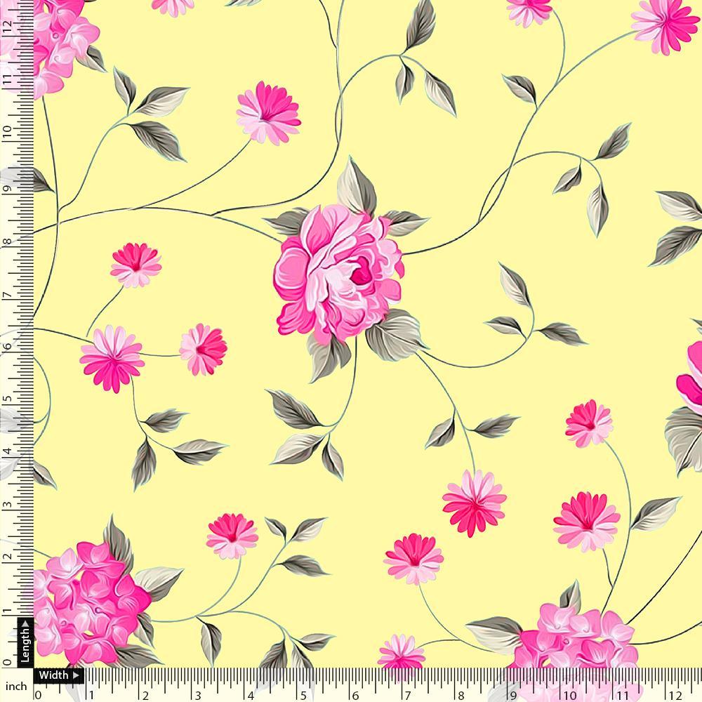 Pink Flower On Lemon Yellow Digital Printed Fabric - Crepe - FAB VOGUE Studio®